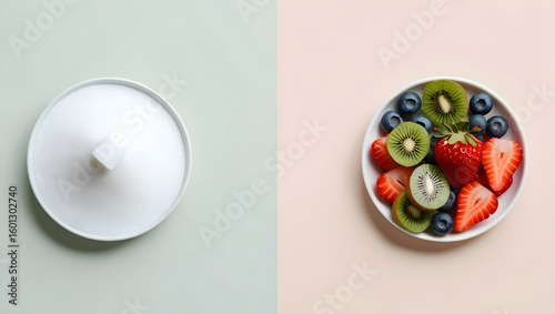 Round Plates with Sugar and Fresh Fruit – Minimalist Healthy Lifestyle Image