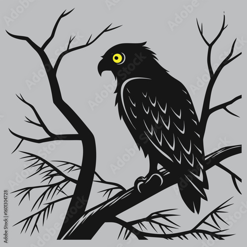 Owl staring with wide yellow eyes silhouette vector design art and illustration