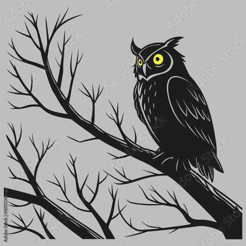 Owl staring with wide yellow eyes silhouette vector design art and illustration