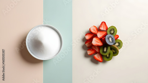Vertical Split – White Sugar vs Colorful Sliced Fruit in Minimalist Style