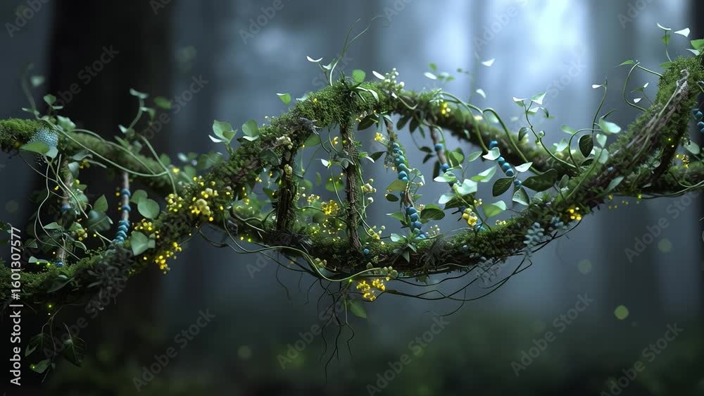 Glowing dna double helix made of branches and vines in a misty forest