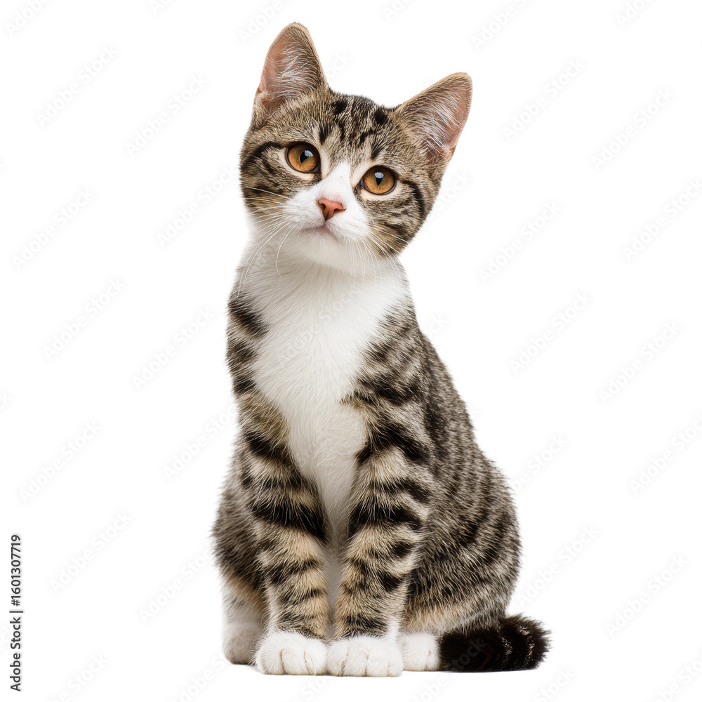 Fototapeta premium Adorable tabby kitten sitting and looking at the camera. With its charming eyes and distinct striped pattern, this sweet feline is a picture of cuteness