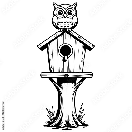 Charming birdhouse with an owl perched on top in detailed line art