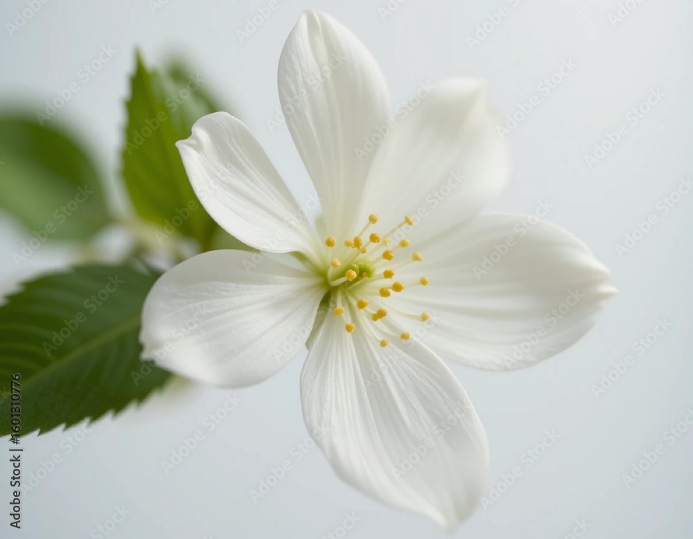 Obraz premium Delicate white blossom with green leaves on a soft background