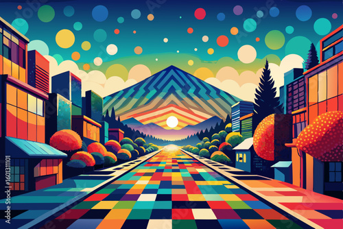 Vibrant Geometric Landscape: Surreal Sunset over Mountainous Cityscape with Colorful Patterns