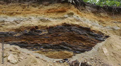 Erosion and geological stratigraphy, a section of earth layers showing soil, rock and sediment formations, Detailed strata of rock soil