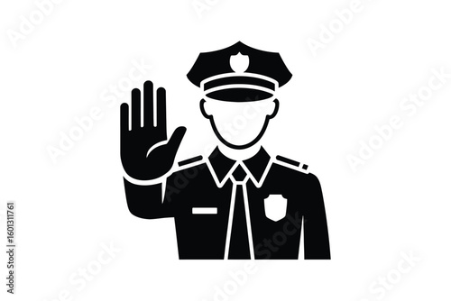Illustration of a police officer in uniform with hand raised signaling stop on white background