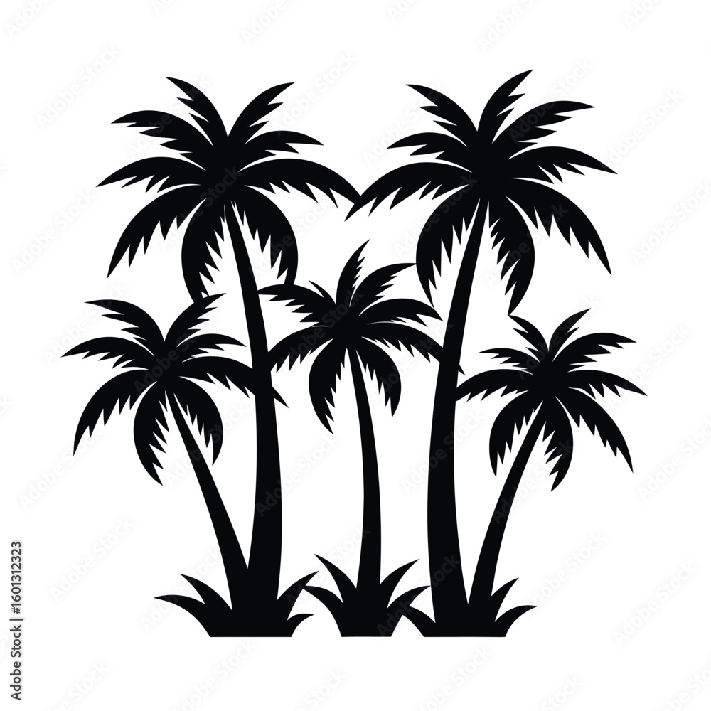 Fototapeta premium Silhouette of five palm trees on white background