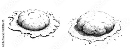 Vintage black pen sketch close up on dough kneading surface  