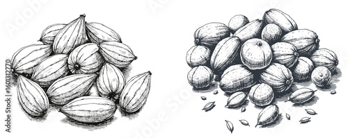 Vintage black pen sketch close up of seeds and nuts on white background  