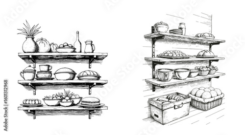 Vintage black pen sketch of shelves with baked goods on white background  