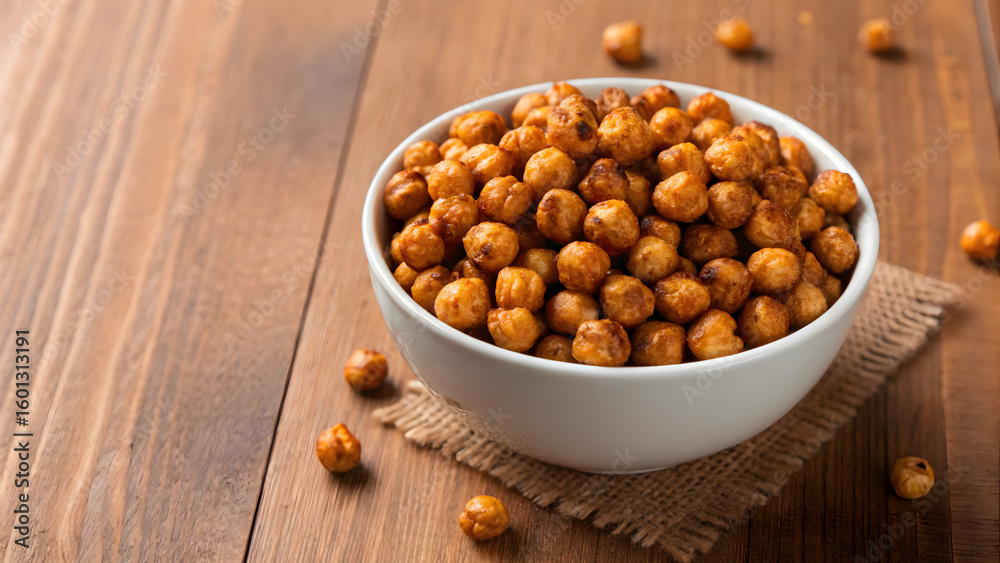 Fototapeta premium Roasted chickpeas in a white bowl on wooden table