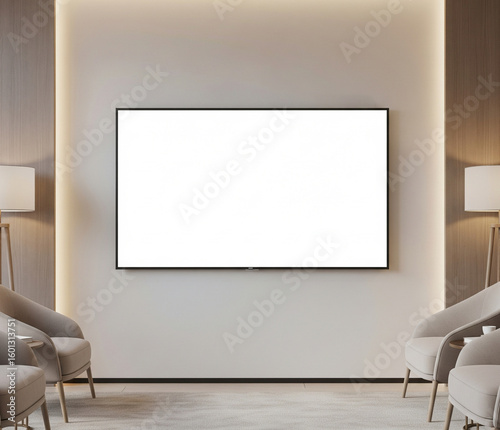 Tv Screen In Waiting Room Mockup With Soft Furnishings And Ambient Lighting