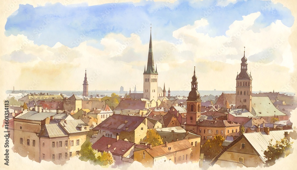 Fototapeta premium Watercolor cityscape panorama