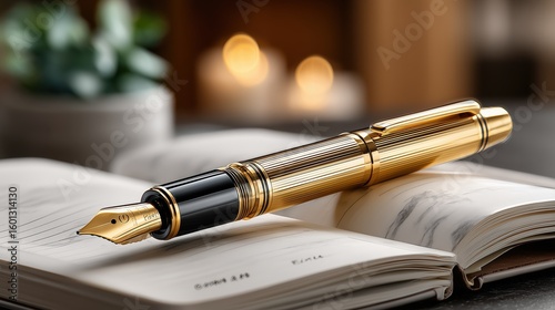 Wallpaper Mural Luxurious gold fountain pen resting on open marble-patterned notebook with candlelit ambiance inspiring elegant writing. Torontodigital.ca