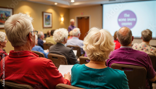 Seniors engaged in awareness seminar, community center hall, education