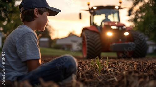 Young boy watches tractor planting new crops at sunset.