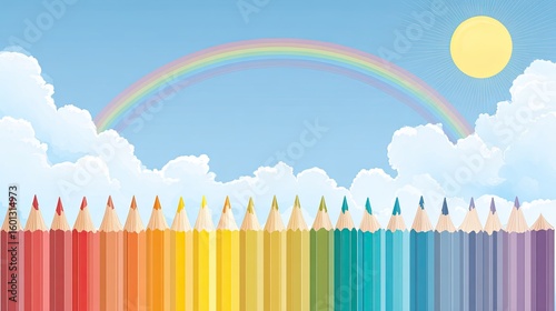 Colorful pencils against a sky with clouds and a rainbow (1)