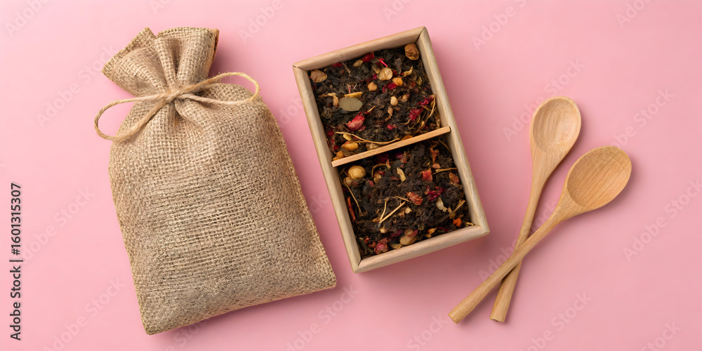 Fototapeta premium Loose leaf tea gift set in burlap bag with wooden spoons pink background