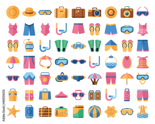 summer and beach flat design icon set