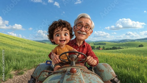 Grandfather and grandson on a tractor ride through a vibrant green field under a bright blue sky