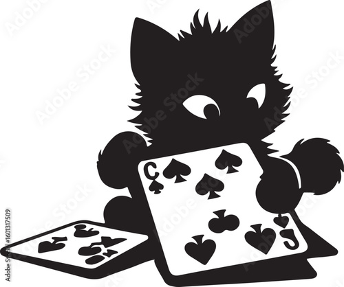 Mischievous kittens paying with a card silhouette vector icon with white background.