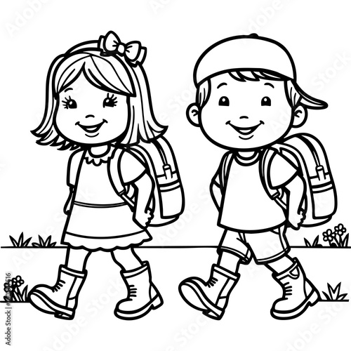 Boy and girl walking outdoors wearing backpacks and boots
