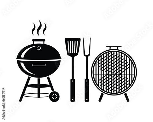 black and white BBQ illustration set