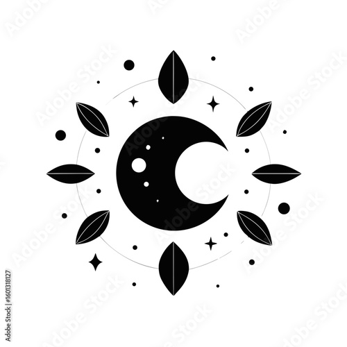 Celestial crescent moon with stars and leaves emblem silhouette isolated on white background