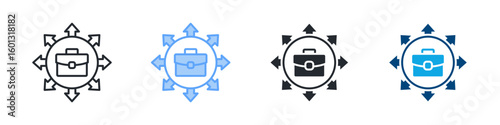 Business Model Icon Set Multiple Style. Designed In Outline, Blue, Glyph, Dual Tone