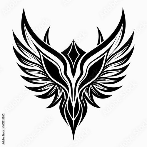Stylized black phoenix wings emblem with diamond shape in center silhouette isolated on white background