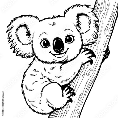 Happy Cartoon Koala Climbing a Tree with Big Eyes and Fluffy Ears in the Wild