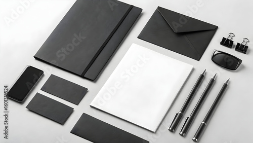 Monochrome branding kit mockup flatlay design