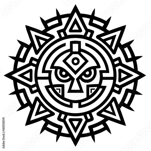 Intricate aztec sun god face symbol with sharp rays silhouette isolated on white background