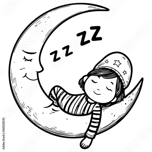 Sleepy Child Resting Peacefully on a Smiling Crescent Moon with Stars