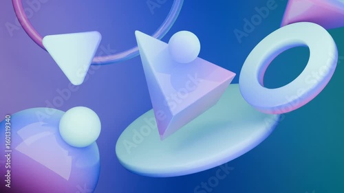 Abstract 3D Pastel colored geometric shapes float in a digital rendering. Seamless Looping 3D Abstract Motion Background For Creative Video Project.