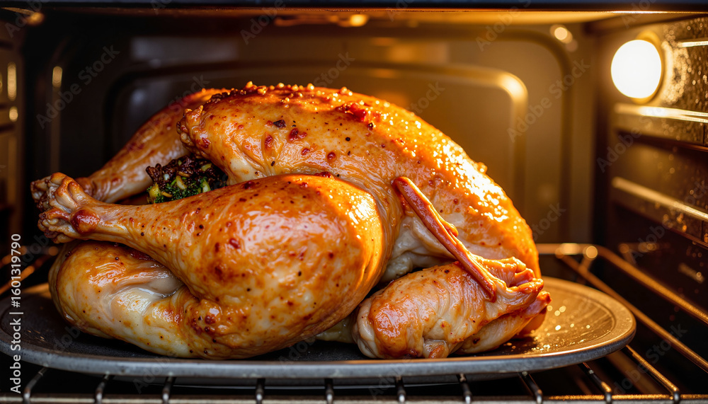Fototapeta premium Roasted turkey on a platter inside oven with golden skin 