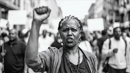 An older woman raises a fist in protest in a grayscale street scene