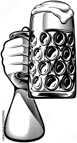 Hand raises a dimpled glass of beer. A foamy big stein mug of beer. Design concept for beer fest Oktoberfest. Vector retro vintage line art illustration in woodcut engraving style. Drawn by human
