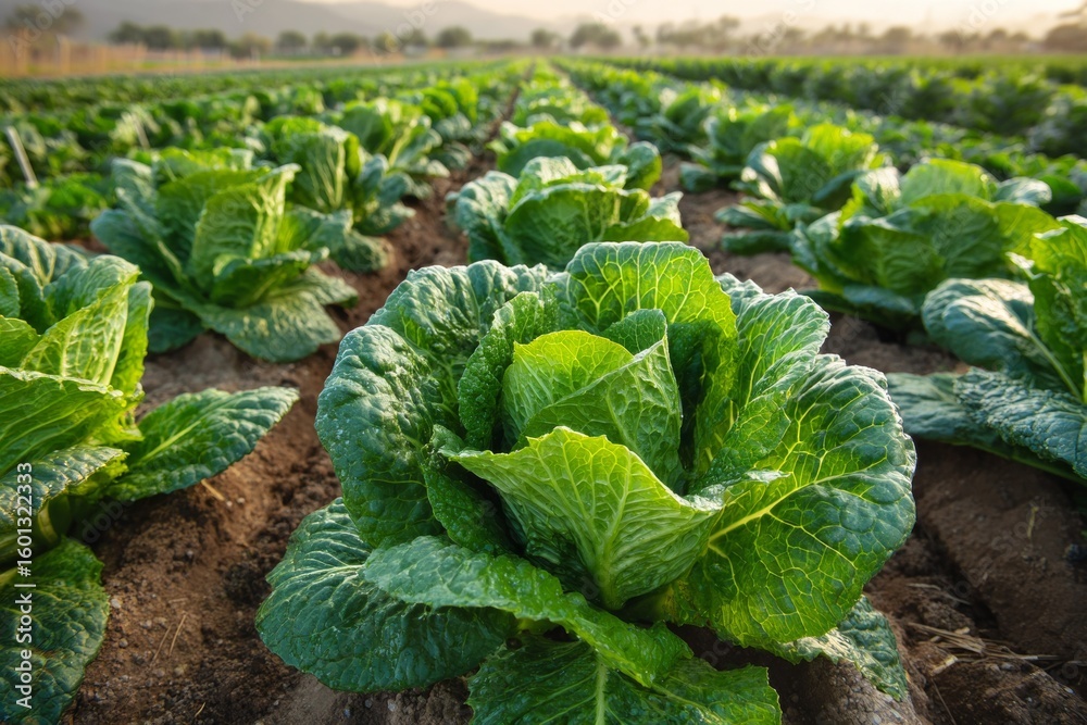 Naklejka premium Lush green cabbage field under bright sunlight in rural farm landscape