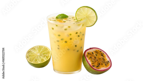 Refreshing passion fruit drink garnished with lime and mint isolated on transparent background