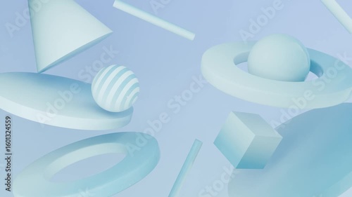 Abstract 3D Light blue floating geometric shapes. Seamless Looping 3D Abstract Motion Background For Creative Video Project.