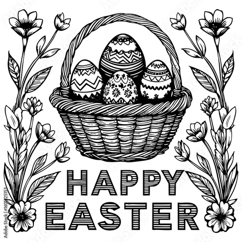 Easter Basket with Decorated Eggs and Flowers Coloring Page