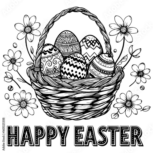 Beautiful Hand-Drawn Easter Basket Filled with Decorated Eggs