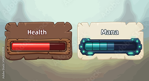 Game interface design featuring health and mana bars, perfect for gaming and digital content 
