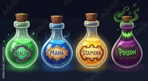 Colorful magical potion bottles, each labeled with unique properties and effects.