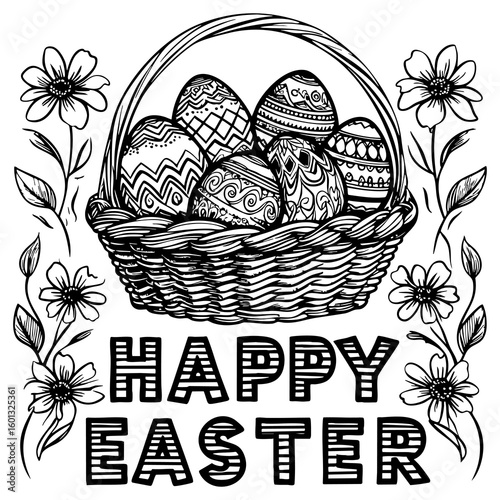 Beautiful Easter Basket Filled with Patterned Eggs and Flowers