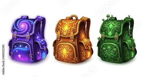 Three artistically designed backpacks each representing the concepts of universe, light and life