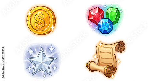 Collection of shiny golden coin, gemstones, a star, and a parchment, each radiating light and significance
