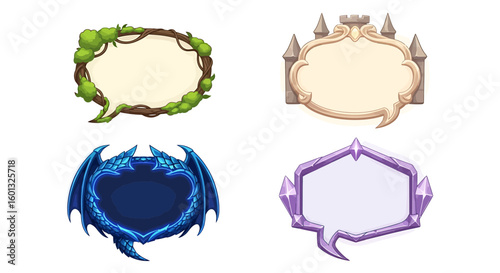 Set of four unique and colorful speech bubbles, each with its own design, suitable for conveying various messages